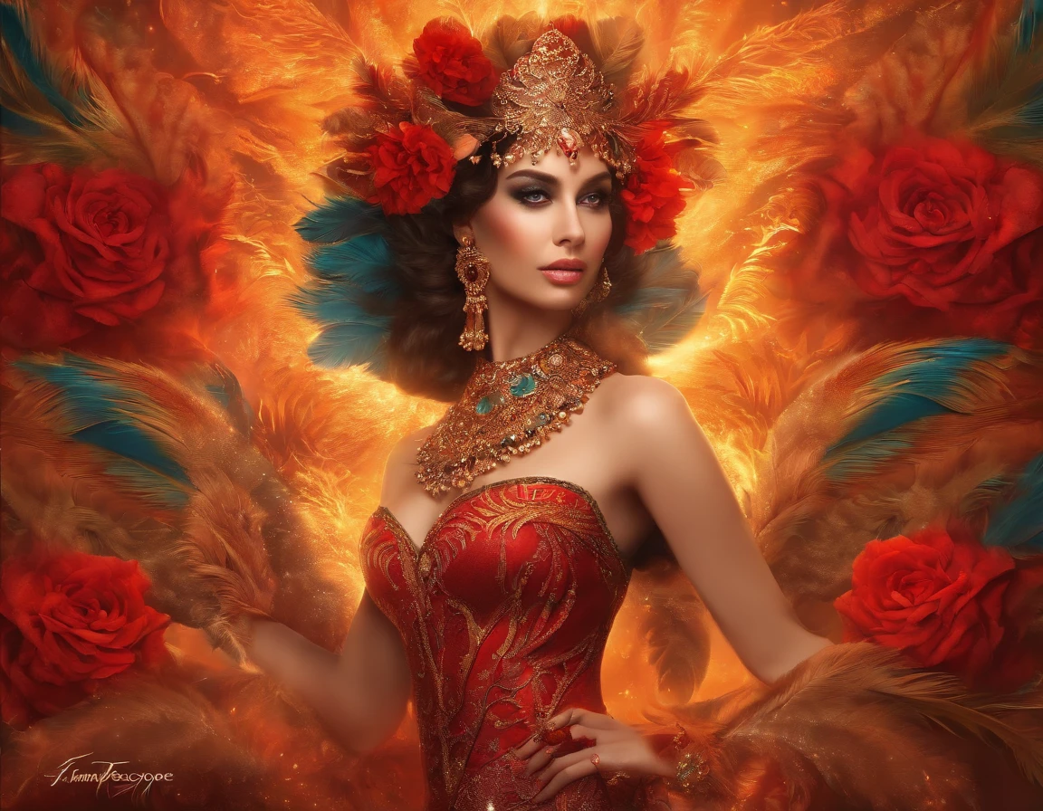 (masterpiece, top quality, best quality, official art, beautiful and aesthetic:1.2), (1girl:1.3), extremely detailed,(fractal art:1.1),(colorful:1.1)(flowers:1.3),highest detailed,(zentangle:1.2), (dynamic pose), (abstract background:1.3), (shiny skin), (many colors:1.4), ,(earrings), (feathers:1.5) , (Flamethrower:1.3),red background,Phoenix dress,