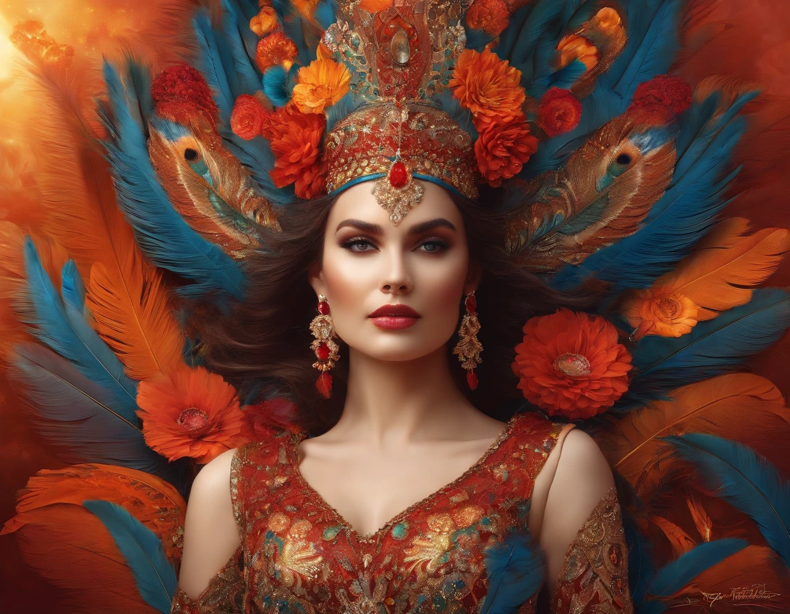 (masterpiece, top quality, best quality, official art, beautiful and aesthetic:1.2), (1girl:1.3), extremely detailed,(fractal art:1.1),(colorful:1.1)(flowers:1.3),highest detailed,(zentangle:1.2), (dynamic pose), (abstract background:1.3), (shiny skin), (many colors:1.4), ,(earrings), (feathers:1.5) , (Flamethrower:1.3),red background,Phoenix dress,