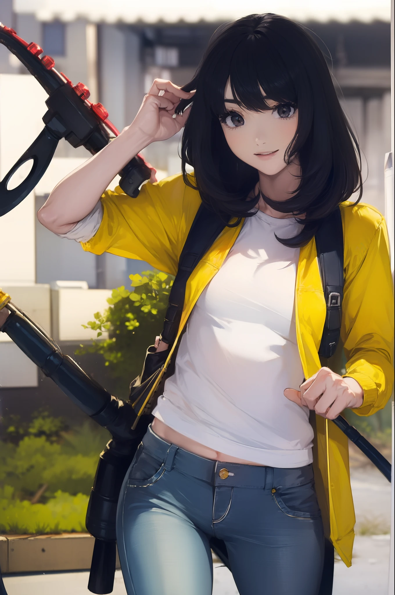 ((((Have a fishing rod with a reel:1.5)))),((Female 28 years old)),((Best Quality:1.5)),(((Hands with the correct number and structure of fingers:1.4))),((Lakeside:1.37)),hight resolution,ultra-detailliert,masterpiece,best qualtiy,(Eight-headed body),(1 fishing rod,Holding a fishing rod in your hand,Fishing lure rod,Fishing Reel,with long sleeve hood,Outdoor Vest,parka,Long pants for fishing,Big backpack),thin and long legs,Beautiful hip line,Beautiful spine,constricted back,Toned waist,beutiful breast),(Fine fingers、Ratio 4 fingers and 1 thumb、detailed arms、detailed human hands),Gentle smile,shiny lip,(1 fishing rod,Straight stretch fishing rod,Long fishing rod,Woman fishing with fishing rod in hand),Black hair, long eyeslashes, Solid Circle Eyes, drop shadow, Atmospheric perspective,Super Detail, ccurate, small brest,(Black jacket and black jeans :1.1),top-quality, blurry backround, bokeh dof:1.2, (masterpiece:1.3), Atmospheric perspective,Super Detail,dynamic compositions, Ultra High Quality,