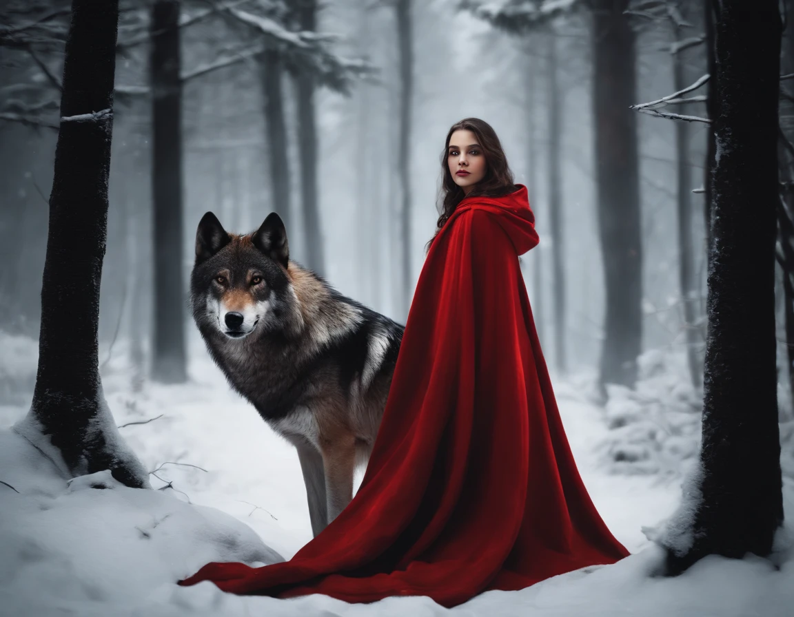 《Girl in red cloak with wolf in dark forest》Detailed digital painting, a photorealistic painting, artsy photography