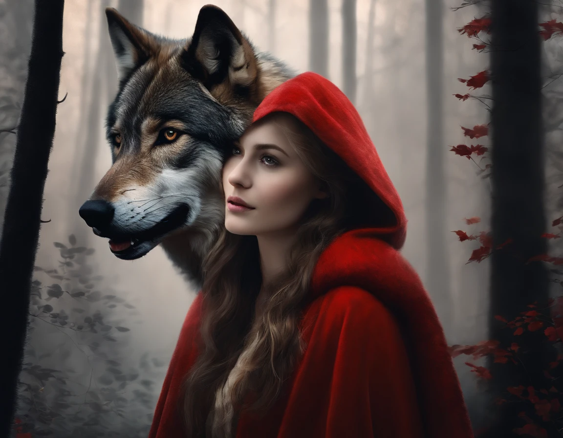 《Girl in red cloak with wolf in dark forest》Detailed digital painting, a photorealistic painting, artsy photography