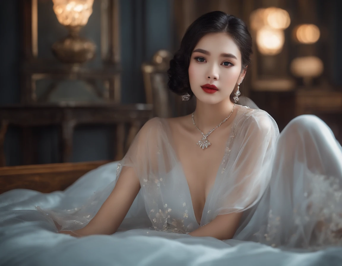 1girll,(enchanced quality:1.4),(Top quality true texture skin),Black hair, Gradient hair, Petite body, There are precious stones on the forehead, rimless eyewears, Sparkling pupils,long eyelasher, Delicate face,grin, hyper photorealism, Cinematic lighting, projected inset, surrealism, hyper HD, Masterpiece, 16k,Lie down,dream on,Wear transparent silk pajamas,Carmelto,Legs slightly open,Tattooed with,Fantasy space,Luxurious space