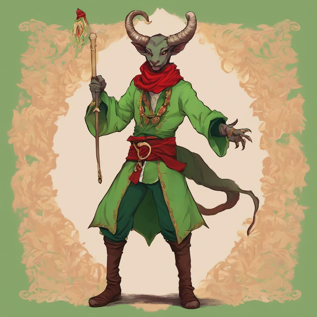 Tiefling, wearing a Bard's Tunic, colors are primarily light green with black undershirt and red belt and scarf, masterpiece, best quality