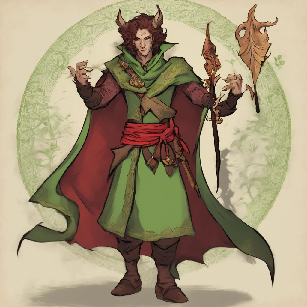Tiefling, wearing a Bard's Tunic, colors are primarily light green with black undershirt and red belt and scarf, masterpiece, best quality