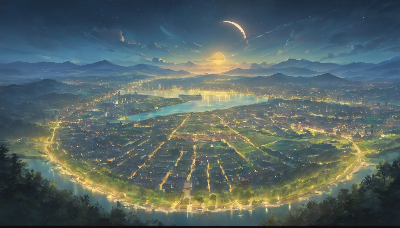 An incredible masterpiece:1.2, beste-Qualit, An exciting scenario of the tundra coast with endless taiga in the background. Two rivers gracefully flow into the endless sea, forming a mesmerizing fusion. The whole scene is depicted from a majestic bird's-eye view, capture the grandeur and beauty of the landscape. the night, full moon, A city standing on the river, nobody
