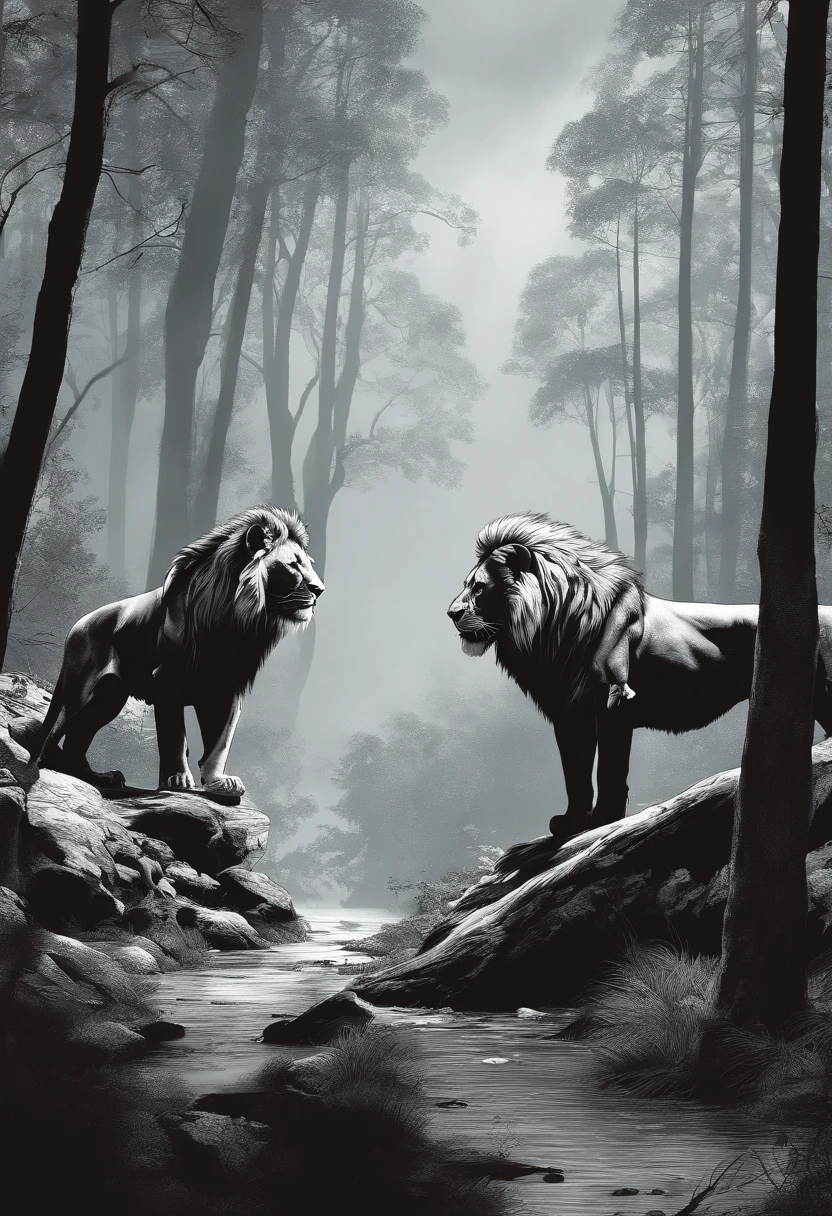 Lucas Bracey, Man hunting in the middle of the forest a ferocious lion , 8k, foto RAW, (Piel altamente detallada: 1.2), (Expuesto: 1.1), (Espalda expuesta: 1.5), , (Vista de arriba a abajo:1.5), ((::Estilo Jae Lee y Joe Madureira ::2.0 comix illustration style,Estilo Tatoon ,, (Fondo hermoso y claro:1.2),, fantastic paintings , ::Jason Fabok y el estilo Yoji Shinkawa ::2.0 comix illustration style,Estilo Tatoon , comic book style , (Fondo hermoso y claro:1.2),, fantastic paintings ,Estilo graffiti; Pieza maestra, mejor calidad, Alta calidad, extremadamente detallado CG unidad 8k fondo de pantalla, Paisaje, rewarded photography, HDR, extremadamente detallado, tendencias en Artstation, Tendencias en CGsociety, intrincado, High detail, Arte por Midjourney Style::JKenneth Rocafort ESTILO ::2.9 (Pieza maestra:1.2, mejor calidad), (hermosos ojos finamente detallados: 1.2),