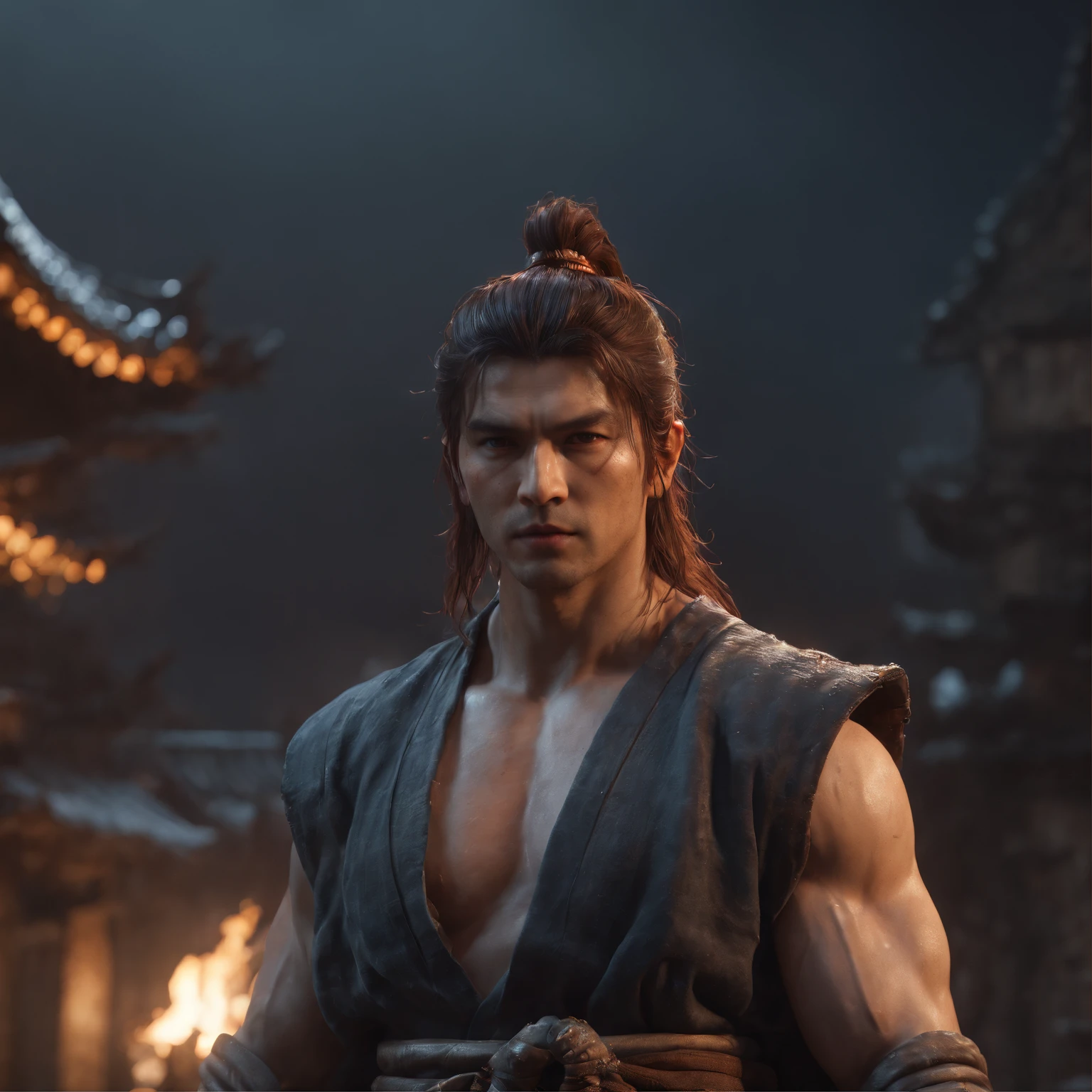 (Professional 3D Rendering:1.3) in the (Realistic:1.3) The most beautiful artwork photos in the world,Features soft and shiny male heroes, ((Epic Hero Fantasy Muscle ManRough Wet Hero Angry Long Hair Short Beard and Ferocious Expression in Dynamic Pose, fantastic location, majestic cluttered environment)), Full body 8K unity rendering, action SHOT, skin pore, Very dark lighting, Heavy shading, Detailed, Detailed face, (Vibrant, photos realistic, Realistic, Dramatic, Kenshin Rurouni Kenshin, Feared as a manslayer, Roisch, Jeremy Mann, Full body shot, Character Sheet, Lightning Wave, 。.3D, .CGI, glowing neon, Cyberpunk, Shinsengumi's attire, ☂️, Neon Kyoto City, Fantasy, elf, full body Esbian, ((Dark ancient city background:1.3)),CG Sessa,art stations