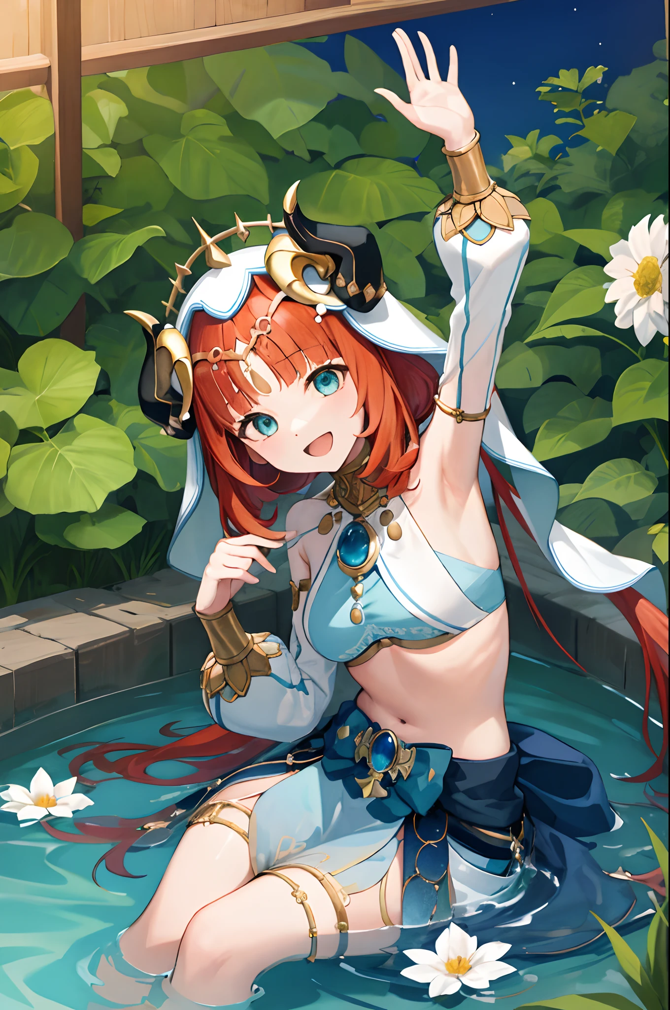 masterpiece, best quality, absurdres, nilou (neither flower nor mist) (genshin impact), aqua eyes, nilou (genshin impact), fake horns, 1girl, solo, red hair, veil, smile, long hair, crop top, jewelry, horns, night, bracer, brooch, long sleeves, puffy long sleeves, looking at viewer, skirt, bangs, twintails, water, puffy sleeves, sky, neck ring, open mouth, :d, flower, harem outfit, gold trim, parted bangs, arm up, breasts, circlet, outdoors, blue skirt, hair ornament, detached sleeves, low twintails, floating hair, gem, hair flower, blue gemstone, masterpiece, highres, best quality, 1girl solo, kamisato_ayaka, sitting, from above, looking at viewer, light smile, wading, wet hair, night, poolside, japanese onsen