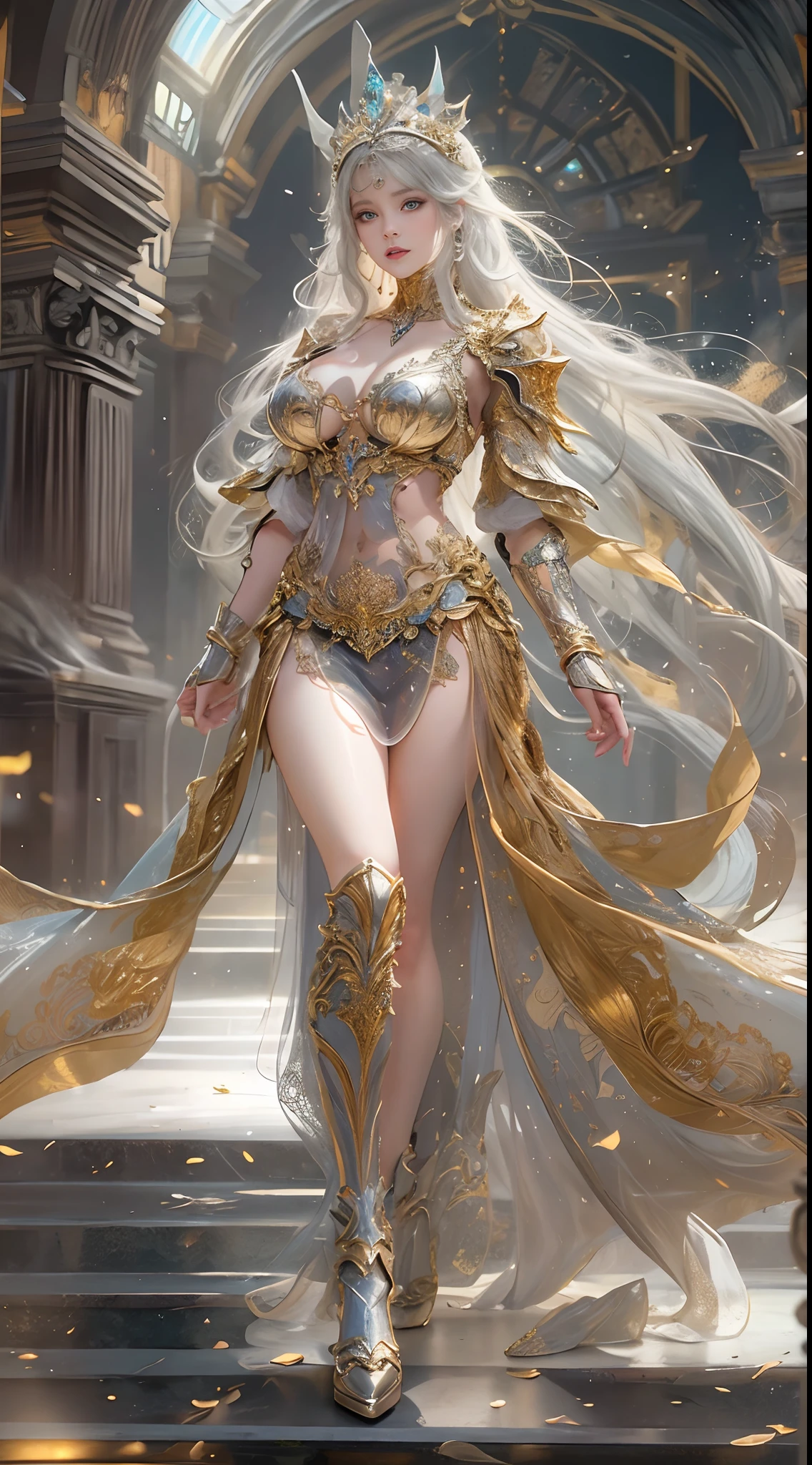 Woman in a golden transparent dress,view the viewer,(((Huge breasts, Large cleavage))),Slim waist,(navel baring,Bare waist), Long hair, Ultra-detailed details,High-end Zhenyi station, Rainstorm site, detailed fantasy art, Stunning character art, Beautiful and exquisite character art, Beautiful gold and silver armor, Extremely detailed, Girl in shiny armor, Exquisite tiaras and jewelry,Crystal jewelry filigree, milky ways, Stunning visuals, (dynamic streaks, light tracks:1.2), Vibrant colors,