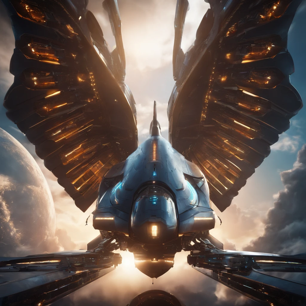 Spaceship with futuristic mechanical bird appearance Background Futuristic shaped warship flying
