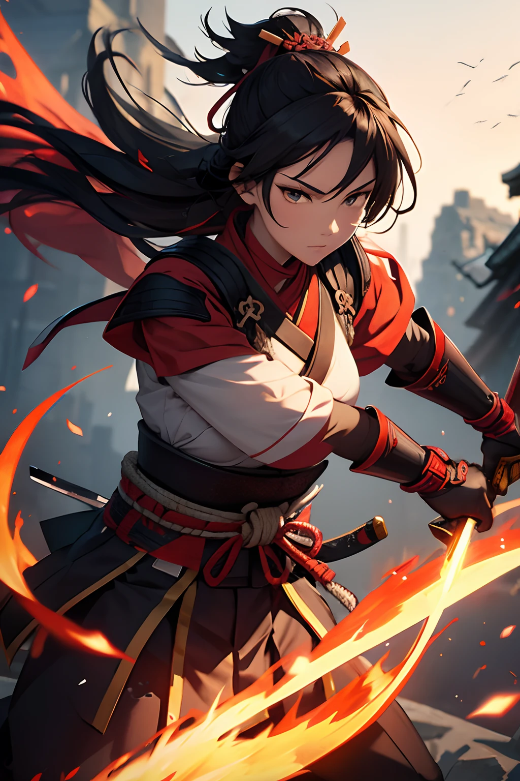 samurai woman with blade in fire