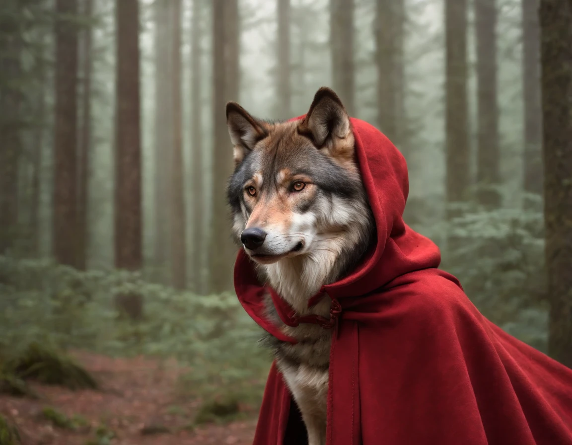 《Girl in red cloak with wolf in dark forest》Detailed digital painting, a photorealistic painting, artsy photography