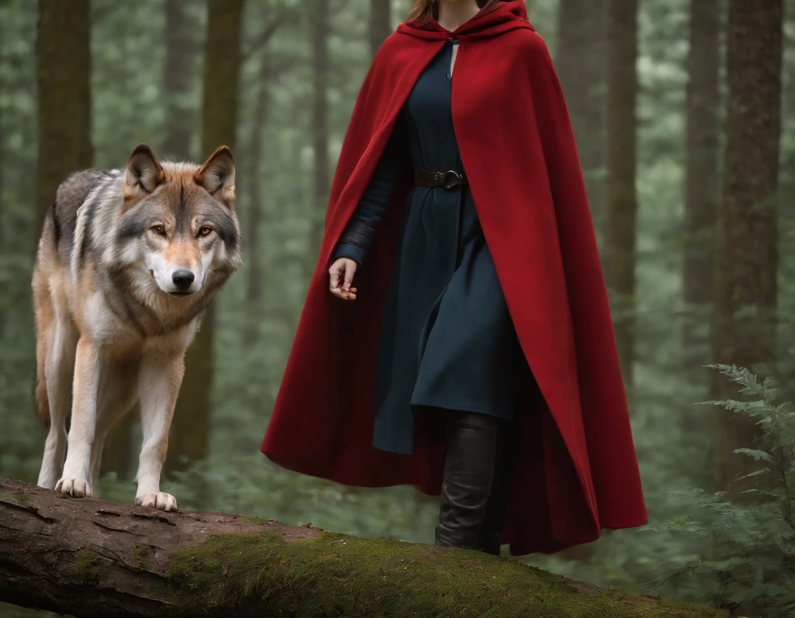 《Girl in red cloak with wolf in dark forest》Detailed digital painting, a photorealistic painting, artsy photography