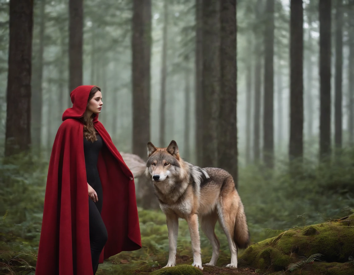 《Girl in red cloak with wolf in dark forest》Detailed digital painting, a photorealistic painting, artsy photography
