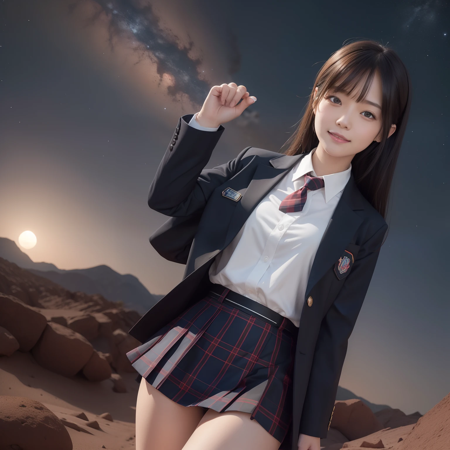 masutepiece, Super Detail, High quality, awardwinning, 8K, (girl), Solo, Smiling, japanese hight school uniform, (All formal jackets are dark navy blue), Short tie, White shirt, Short skirts are plaid, Theme color is dark navy, up close shot, On the surface of Mars, (Reddish rocky desert), Wide Red Desert, At night, Starry sky, Milky way, Detailed fingers, scientific fiction