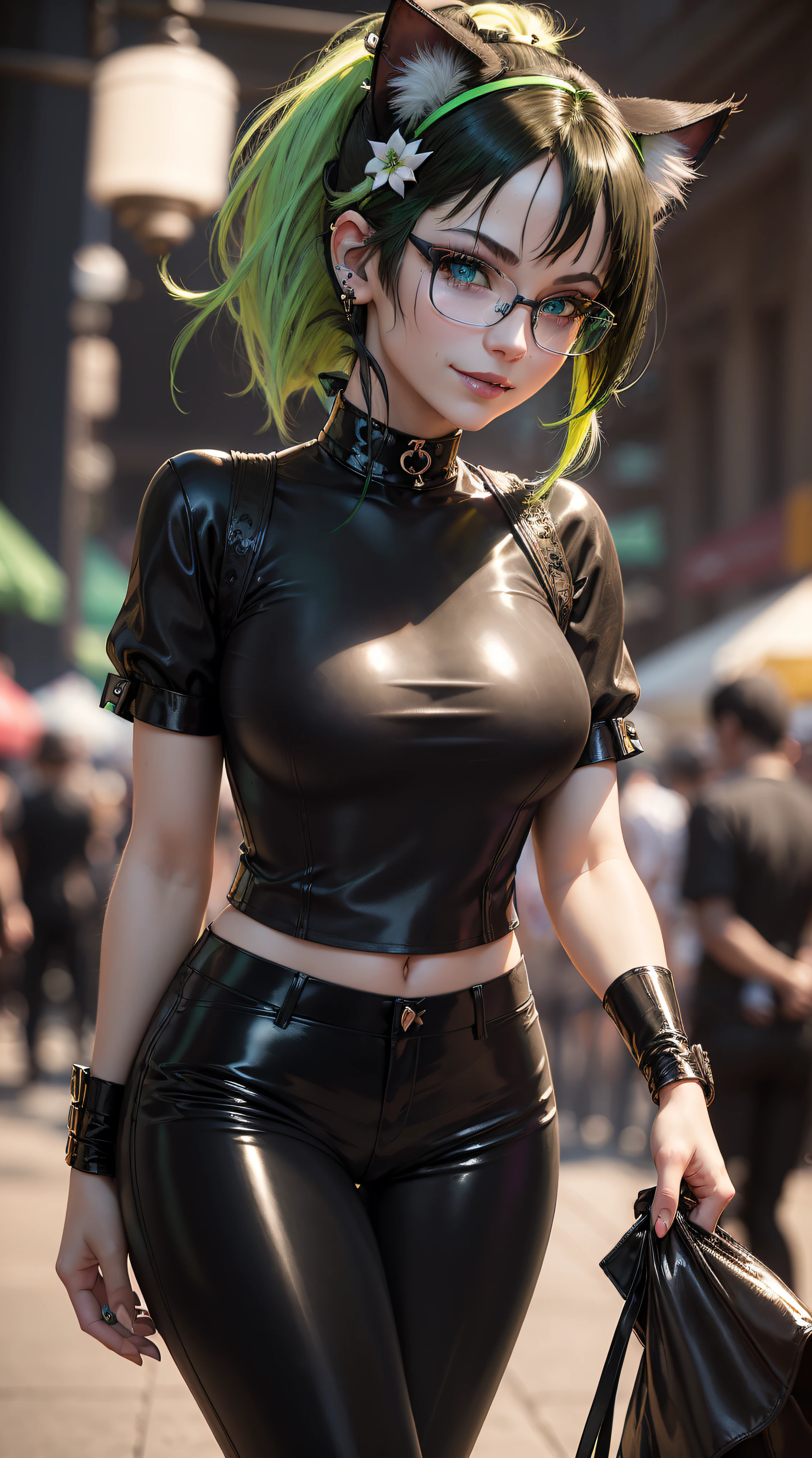BLACKLIGHT, ((NSFW)), realistic art, extremely delicate and beautiful, ultra-detailed, (1girl), blue eyes, floating, detailed light, illustration, dynamic angle, depth of field, ((((milf)))), girly, long hair, ((green and black hair, multicoloured hair, green highlights hair, (Ponytail), hair ornament, hair flower, flower, makeup, braid, smile)), vampire eyes, showing fangs, pale white skin, (((best quality, 1girl, (skindentation), (blur background:0.6), in a crowded amusement park, (casual yet stylish, glasses, (Cat ears), ((black shirt, (latex pants), goth boots)), ), gorgeous, (short hair:1.5), soft lighting, wind, (front light:1.5), surprised, choker, smile, jewelry, earrings))), (ultra high res, best quality,), (8k, raw photo, best quality, masterpiece), technological sense, best quality, masterpiece, illustration,CG ,unity ,wallpaper, official art, Amazing, finely detail, an extremely delicate and beautiful,extremely detailed, highly detailed, sharp focus,rich background, (real person,photograph), ((high detailed skin)),