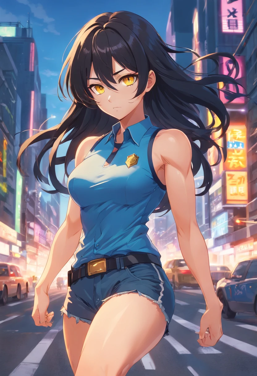 (1girl), black hair, extremely long hair, yellow eyes, (((muscular))), huge breasts, thick thighs, solo, angry, (pale skin), cowboy shot, police