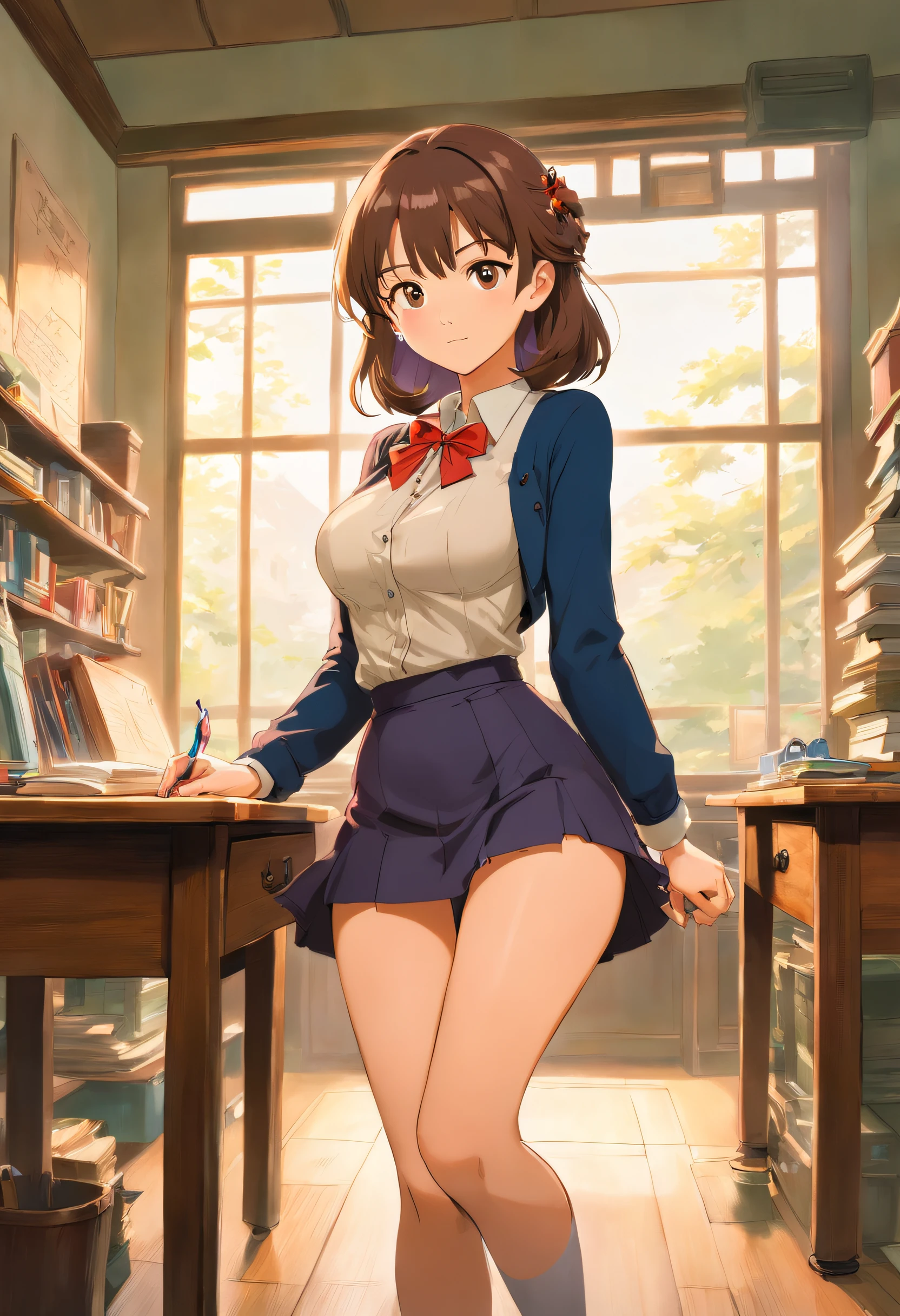 arafed woman sitting on a desk with a pair of scissors in her hand, elegant legs, long thin legs, thighhighs and skirt, long legs, standing in class, very beautiful slim legs, very beautiful long slim legs, sitting on a desk, office clothes, nice legs, good hips and long legs, beautiful legs, a hyperrealistic schoolgirl, Cleavage, big breasts, round breasts to the fore