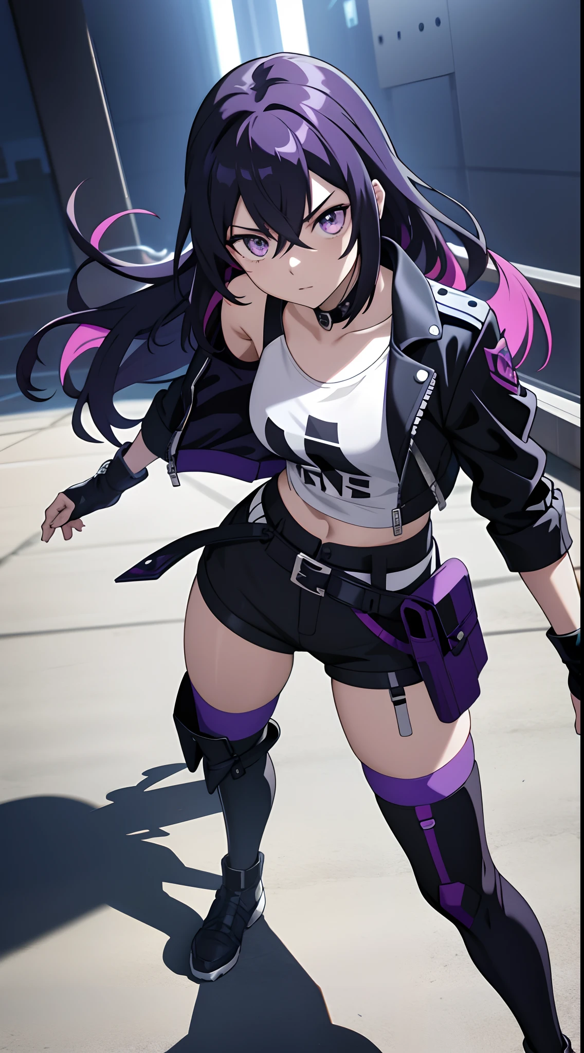 masutepiece, Best Quality, Colorful, r with black medium long hair wearing detailed leather jacket and anime t-shirt touching translucent panels, Jacket from the shoulder, Dramatic viewing angles, Dynamic Pose, (2/3 body focus:1.2), Contrasty, color combination, Bright, purple eyes, long knee high socks
See all

depth of field, High resolution, Extremely complex details, Dramatic shadows, Global Illumination