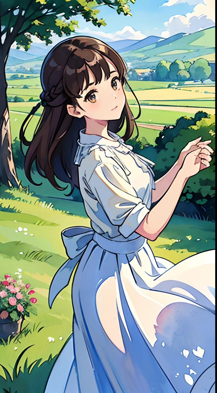 (Watercolor in Sargent style)、(top-quality、masterpiece)、Soft light、View of the Cotswolds,Old farmhouse、rivulets、flower bloom、One lady、dark brown hair、Braided hair、White blouse and long skirt、picnic、Dance happily alone on the hill、A delightful、look up to、