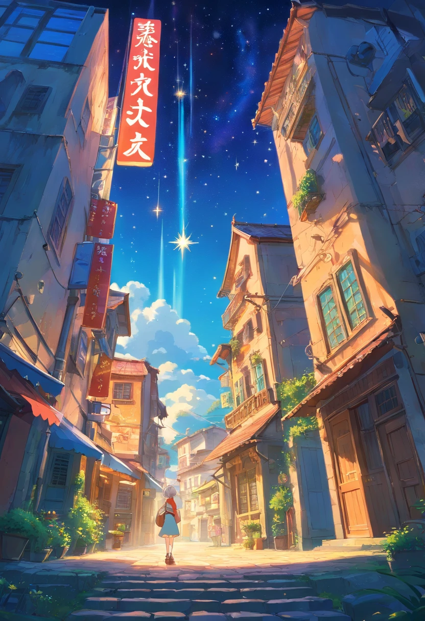 scenery、landscapes、Outrageous resolution、The top half is empty、The sky below、发光、Fantasia、clean blue sky、Lots of shining stars々、beautiful lighting、Bright lighting、Soft lighting、Lots of shining magic lights、Stars Falling from the Sky、In the center stands someone、An abandoned building in the middle