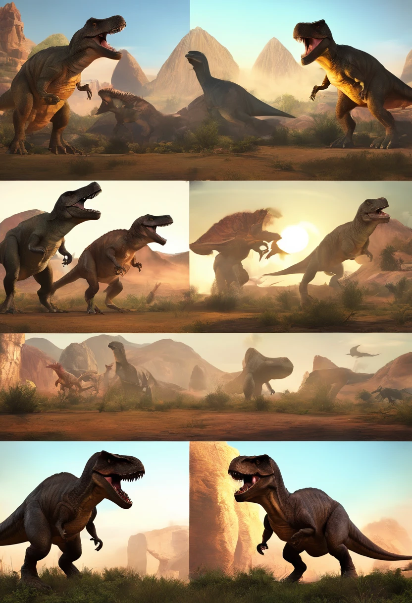 una feroz batalla entre un T-Rex y un triceratops, (La mejor calidad, 4k, Altas Resoluciones, Ultra detallado), Lucha intensa, rugidos y trompetas, Dusty prehistoric landscape, Sombras realistas, vivid colors, (Detallado, intrincado, elaborar) Escamas y texturas de dinosaurios, Dynamic Moves, (feroz, determinado) Expresiones en las caras de dinosaurios, (poderoso, muscular) Cuerpos, dientes afilados y cuernos, (big size ass, imponente) Size, (dramatic, dynamic) luci, (poderoso, energetic) Plantea, (tension, anticipation) En el aire,1 versus 1,sangre,cazando,defendiendose,lucha de vida o muerte