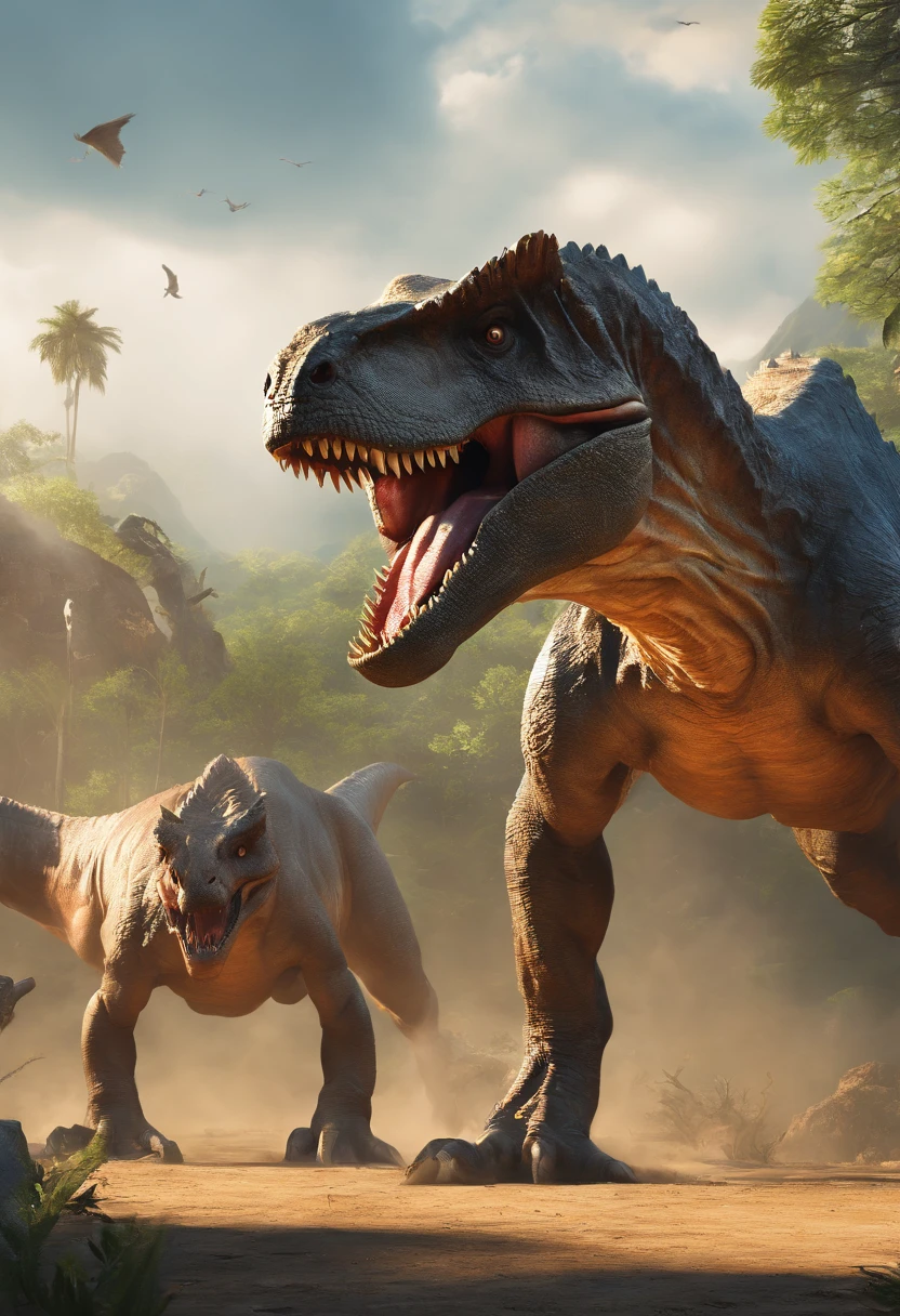 una feroz batalla entre un T-Rex y un triceratops, (La mejor calidad, 4k, Altas Resoluciones, Ultra detallado), Lucha intensa, rugidos y trompetas, Dusty prehistoric landscape, Sombras realistas, vivid colors, (Detallado, intrincado, elaborar) Escamas y texturas de dinosaurios, Dynamic Moves, (feroz, determinado) Expresiones en las caras de dinosaurios, (poderoso, muscular) Cuerpos, dientes afilados y cuernos, (big size ass, imponente) Size, (dramatic, dynamic) luci, (poderoso, energetic) Plantea, (tension, anticipation) En el aire,1 versus 1,sangre,cazando,defendiendose,lucha de vida o muerte