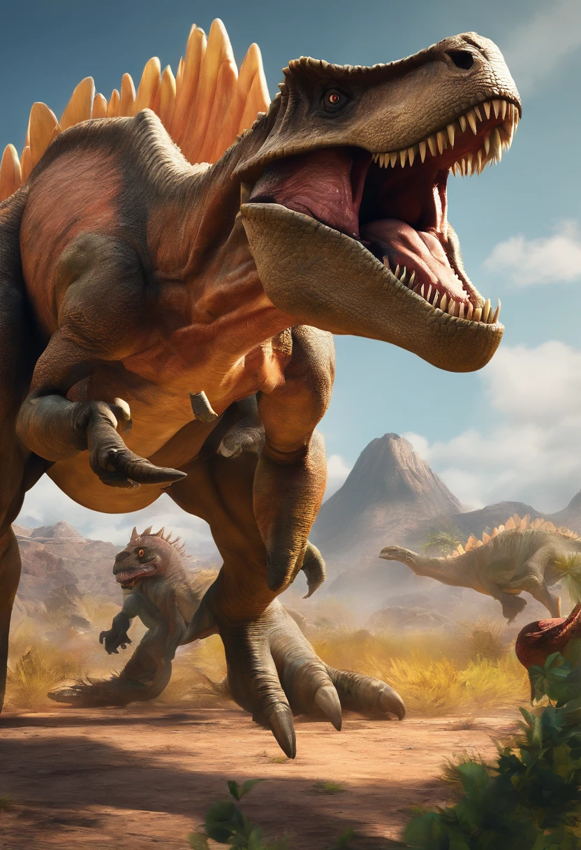 una feroz batalla entre un T-Rex y un triceratops, (La mejor calidad, 4k, Altas Resoluciones, Ultra detallado), Lucha intensa, rugidos y trompetas, Dusty prehistoric landscape, Sombras realistas, vivid colors, (Detallado, intrincado, elaborar) Escamas y texturas de dinosaurios, Dynamic Moves, (feroz, determinado) Expresiones en las caras de dinosaurios, (poderoso, muscular) Cuerpos, dientes afilados y cuernos, (big size ass, imponente) Size, (dramatic, dynamic) luci, (poderoso, energetic) Plantea, (tension, anticipation) En el aire,1 versus 1,sangre,cazando,defendiendose,lucha de vida o muerte