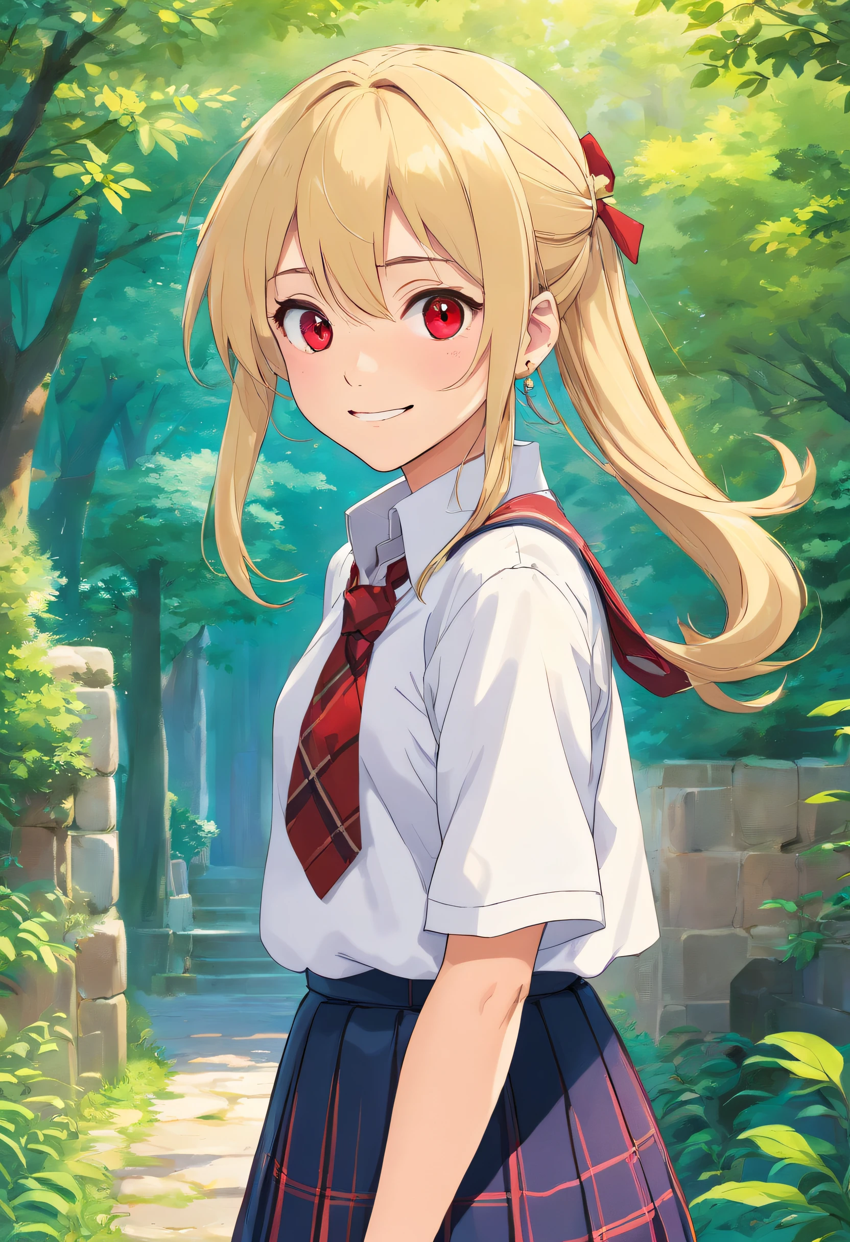 masterpiece, best quality, highres, kitagawa marin, 1girl, blonde hair, long hair, multicolored hair, red eyes, jewelry, earrings, piercing, school uniform, white shirt, tied shirt, black choker, blue necktie, plaid skirt, grin, smile, standing, cowboy shot, outdoors,