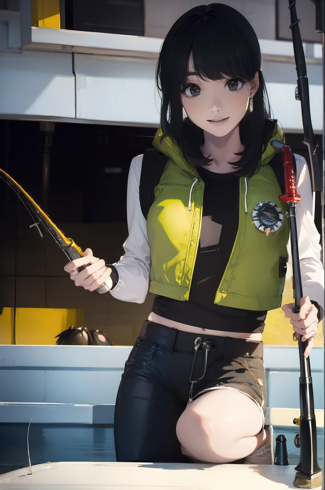 ((((Have a fishing rod with a reel:1.5)))),((Female 28 years old)),((Best Quality:1.5)),(((Hands with the correct number and structure of fingers:1.4))),((Lakeside:1.37)),hight resolution,ultra-detailliert,​masterpiece,best qualtiy,(Eight-headed body),(1 fishing rod,Holding a fishing rod in your hand,Fishing lure rod,Fishing Reel,with long sleeve hood,Outdoor Vest,parka,Long pants for fishing,Big backpack),thin and long legs,Beautiful hip line,Beautiful spine,constricted back,Toned waist,beutiful breast),(Fine fingers、Ratio 4 fingers and 1 thumb、detailed arms、detailed human hands),Gentle smile,shiny lip,(1 fishing rod,Straight stretch fishing rod,Long fishing rod,Woman fishing with fishing rod in hand),Black hair, long eyeslashes, Solid Circle Eyes, drop shadow, Atmospheric perspective,Super Detail, ccurate, small brest,(Black jacket and black jeans :1.1),top-quality, blurry backround, bokeh dof:1.2, (​masterpiece:1.3),  Atmospheric perspective,Super Detail,dynamic compositions, Ultra High Quality,