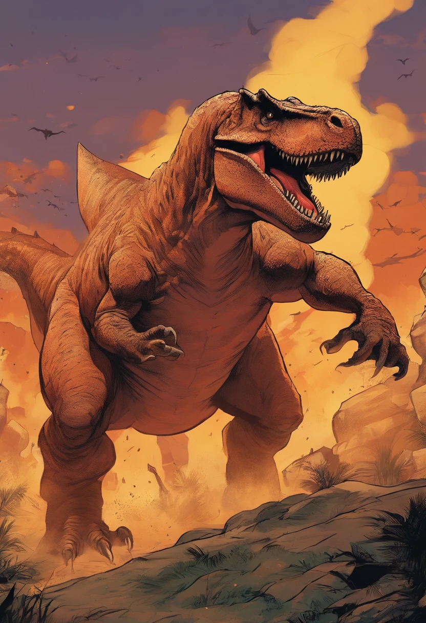 una feroz batalla entre un T-Rex y un triceratops, (La mejor calidad, 4k, Altas Resoluciones, Ultra detallado), Lucha intensa, rugidos y trompetas, Dusty prehistoric landscape, Sombras realistas, vivid colors, (Detallado, intrincado, elaborar) Escamas y texturas de dinosaurios, Dynamic Moves, (feroz, determinado) Expresiones en las caras de dinosaurios, (poderoso, muscular) Cuerpos, dientes afilados y cuernos, (big size ass, imponente) Size, (dramatic, dynamic) luci, (poderoso, energetic) Plantea, (tension, anticipation) En el aire,1 versus 1,sangre,cazando,defendiendose,lucha de vida o muerte