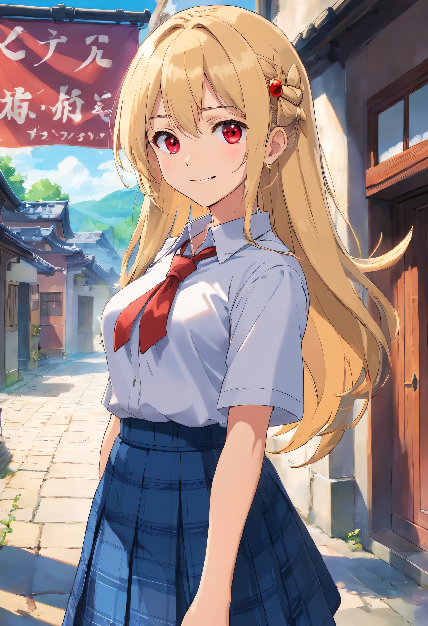 masterpiece, best quality, highres, kitagawa marin, 1girl, blonde hair, long hair, multicolored hair, red eyes, jewelry, earrings, piercing, school uniform, white shirt, tied shirt, black choker, blue necktie, plaid skirt, grin, smile, standing, cowboy shot, outdoors,