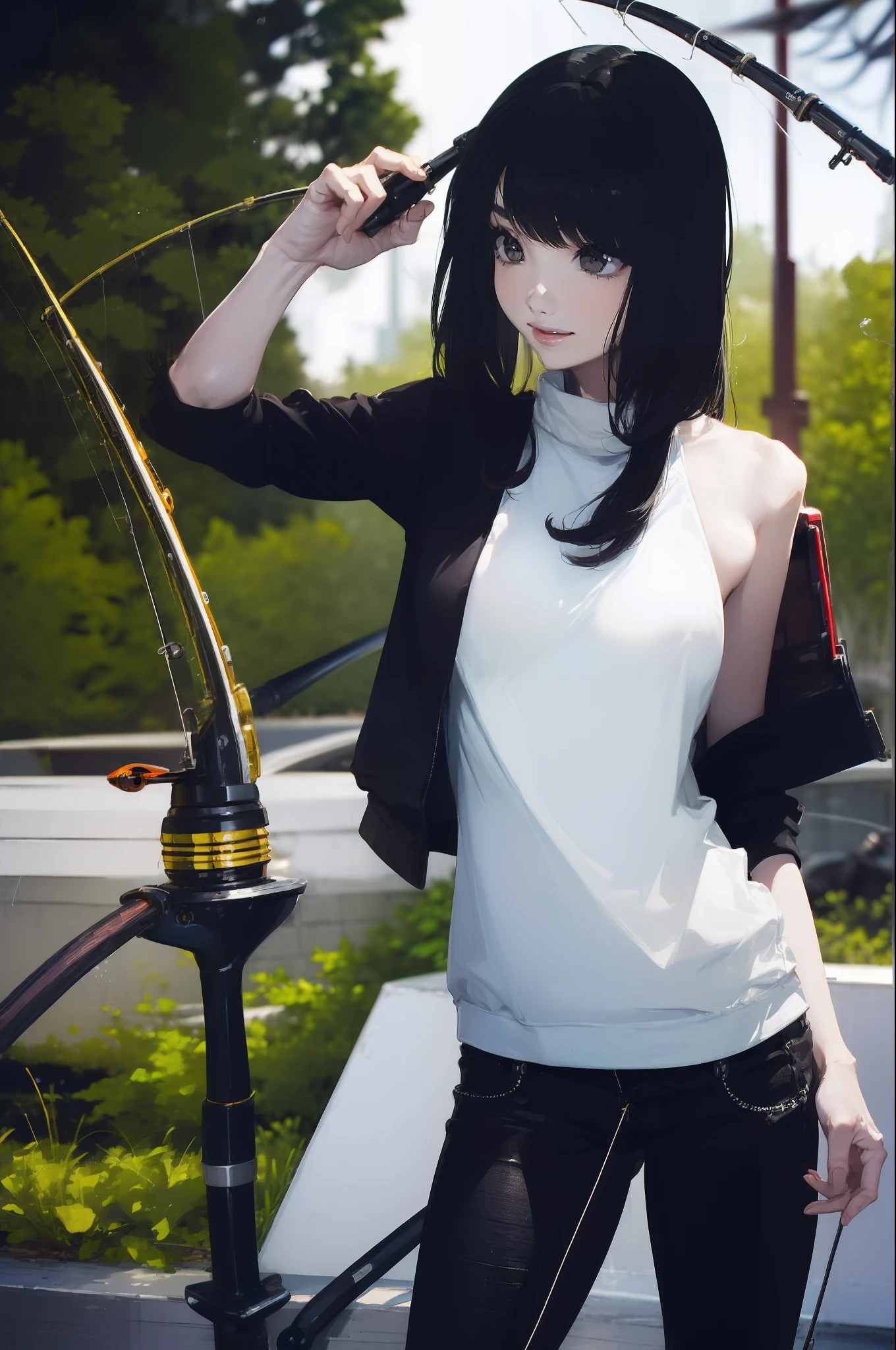 ((((Have a fishing rod with a reel:1.5)))),((Female 28 years old)),((Best Quality:1.5)),(((Hands with the correct number and structure of fingers:1.4))),((Lakeside:1.37)),hight resolution,ultra-detailliert,masterpiece,best qualtiy,(Eight-headed body),(1 fishing rod,Holding a fishing rod in your hand,Fishing lure rod,Fishing Reel,with long sleeve hood,Outdoor Vest,parka,Long pants for fishing,Big backpack),thin and long legs,Beautiful hip line,Beautiful spine,constricted back,Toned waist,beutiful breast),(Fine fingers、Ratio 4 fingers and 1 thumb、detailed arms、detailed human hands),Gentle smile,shiny lip,(1 fishing rod,Straight stretch fishing rod,Long fishing rod,Woman fishing with fishing rod in hand),Black hair, long eyeslashes, Solid Circle Eyes, drop shadow, Atmospheric perspective,Super Detail, ccurate, small brest,(Black jacket and black jeans :1.1),top-quality, blurry backround, bokeh dof:1.2, (masterpiece:1.3), Atmospheric perspective,Super Detail,dynamic compositions, Ultra High Quality,