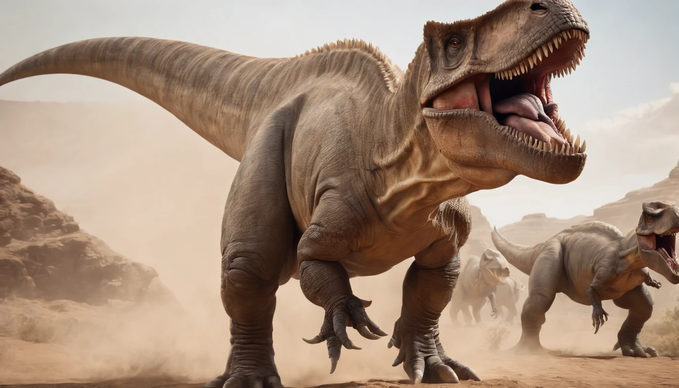 una feroz batalla entre un T-Rex y un triceratops, (La mejor calidad, 4k, Altas Resoluciones, Ultra detallado), Lucha intensa, rugidos y trompetas, Dusty prehistoric landscape, Sombras realistas, vivid colors, (Detallado, intrincado, elaborar) Escamas y texturas de dinosaurios, Dynamic Moves, (feroz, determinado) Expresiones en las caras de dinosaurios, (poderoso, muscular) Cuerpos, dientes afilados y cuernos, (big size ass, imponente) Size, (dramatic, dynamic) luci, (poderoso, energetic) Plantea, (tension, anticipation) En el aire,1 versus 1,sangre,cazando,defendiendose,lucha de vida o muerte