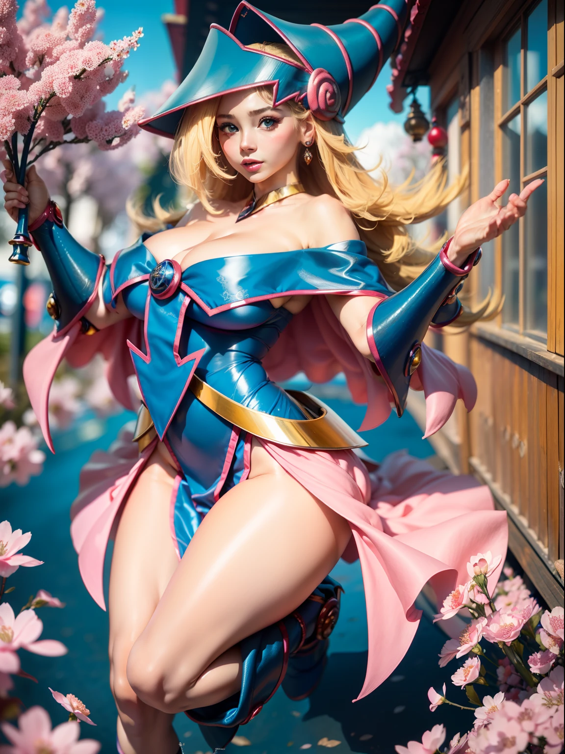cuerpo completo,Plan completo,SFW,Russian goddess princess girl in the picture of a geisha with big bright blue eyes and long fluffy Nordic type eyelashes with a perfect elegant figure and very long fluffy wavy hair of bright wheat color is in full growth in the alley against the background of Japanese pink sakura blooming in bright navy blue kimono color and japanese shoes gain bright navy blue color, The girl's lace kimono is intricately patterned with ultra-short frank cutouts.., Small breasts with protrusion are visible through the fabric and on the girl's ears there are beautiful earrings with precious navy blue sapphires that shine and shine in the light.. The soil on which the girl is located is strewn with cherry blossoms.., The scene is highly artistic, High resolution, foco nítido, Migjorni-V5 artistic style, hiperfotorrealismo, proporciones perfectas, Photo of the golden ratio, Bengala, contorno, luz del sol, brillo suave, enfoque suave, Photo-style smooth focus through a Monocle lens.