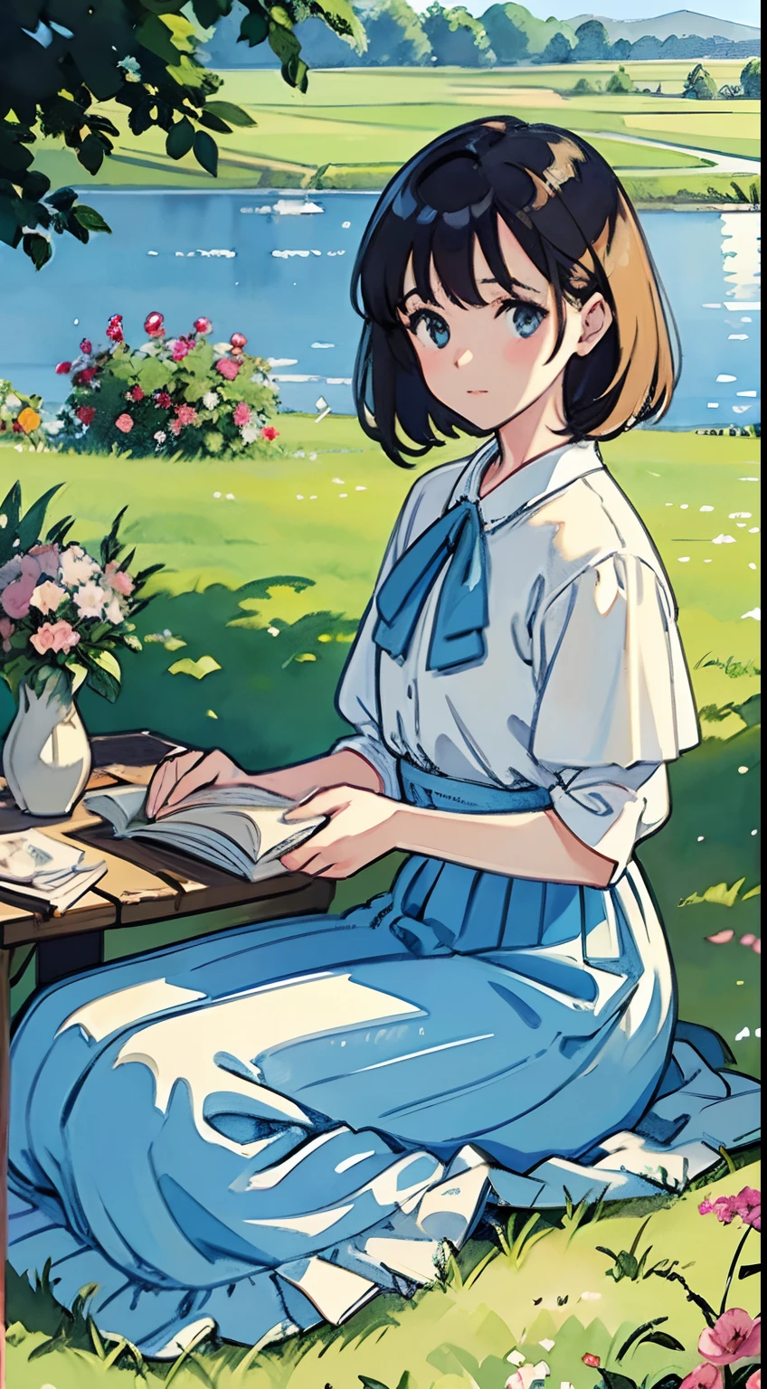(Watercolor in Sargent style)、(top-quality、​masterpiece)、Soft light、View of the Cotswolds,Old farmhouse、rivulets、flower bloom、One lady、shorth hair、White blouse and long skirt、picnic、read a book、