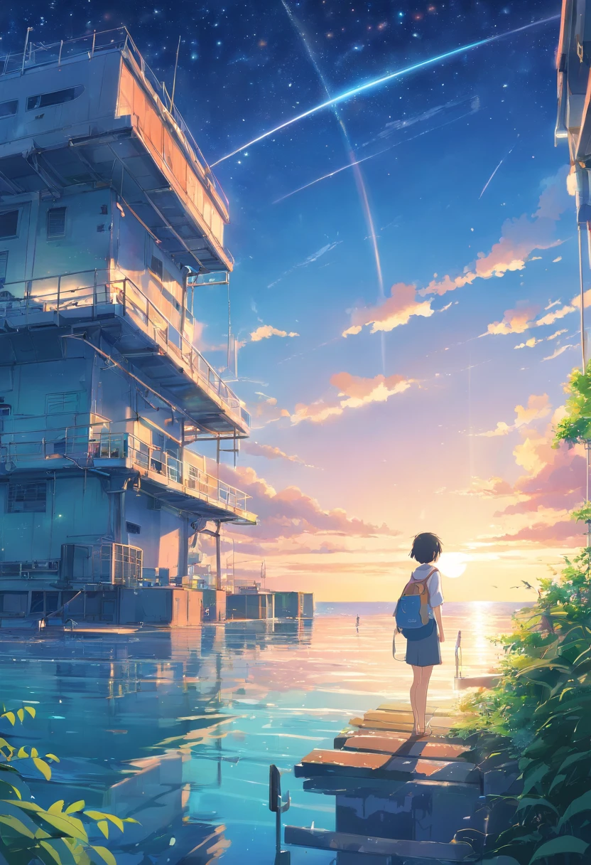 Faraway view、landscapes、Outrageous resolution、The top half is empty、Below is the sea、发光、Fantasia、clean blue sky、Lots of shining stars々、beautiful  lighting、Bright lighting、Soft lighting、Lots of shining magic lights、Stars Falling from the Sky、In the center stands someone、In the middle is an abandoned research facility、There is a broken ship