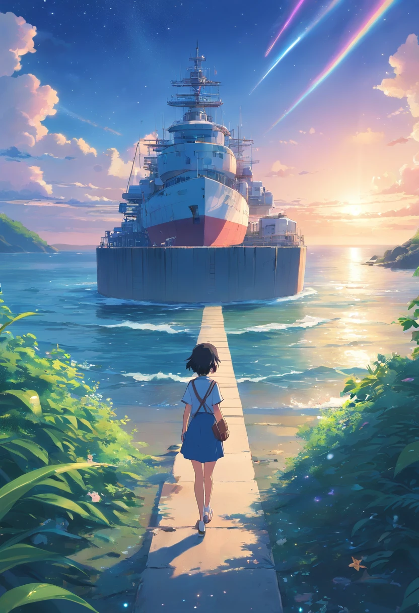 Faraway view、landscapes、Outrageous resolution、The top half is empty、Below is the sea、发光、Fantasia、clean blue sky、Lots of shining stars々、beautiful  lighting、Bright lighting、Soft lighting、Lots of shining magic lights、Stars Falling from the Sky、In the center stands someone、In the middle is an abandoned research facility、There is a broken ship