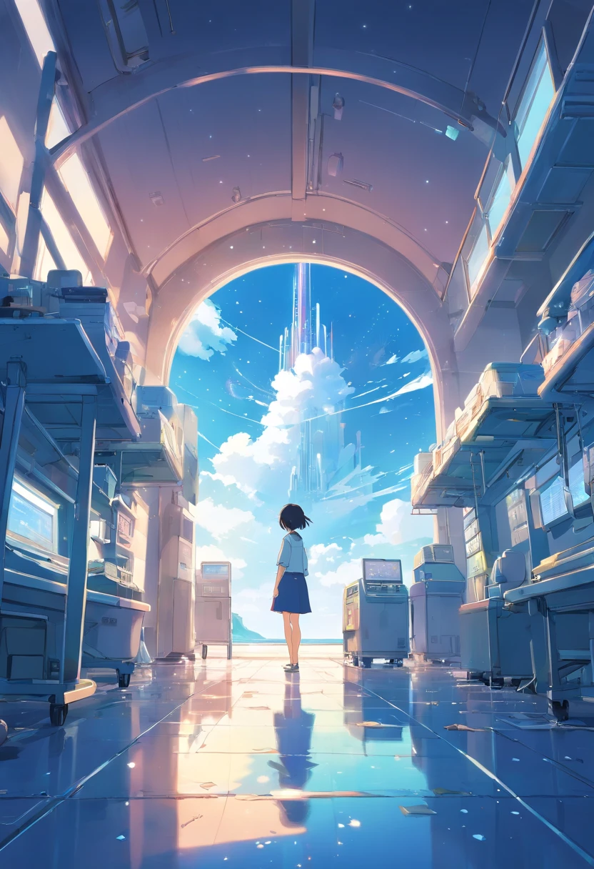 Faraway view、landscapes、Outrageous resolution、The top half is empty、Below is the sea、发光、Fantasia、clean blue sky、Lots of shining stars々、beautiful lighting、Bright lighting、Soft lighting、Lots of shining magic lights、Stars Falling from the Sky、In the center stands someone、In the middle is an abandoned research facility、There is a broken ship