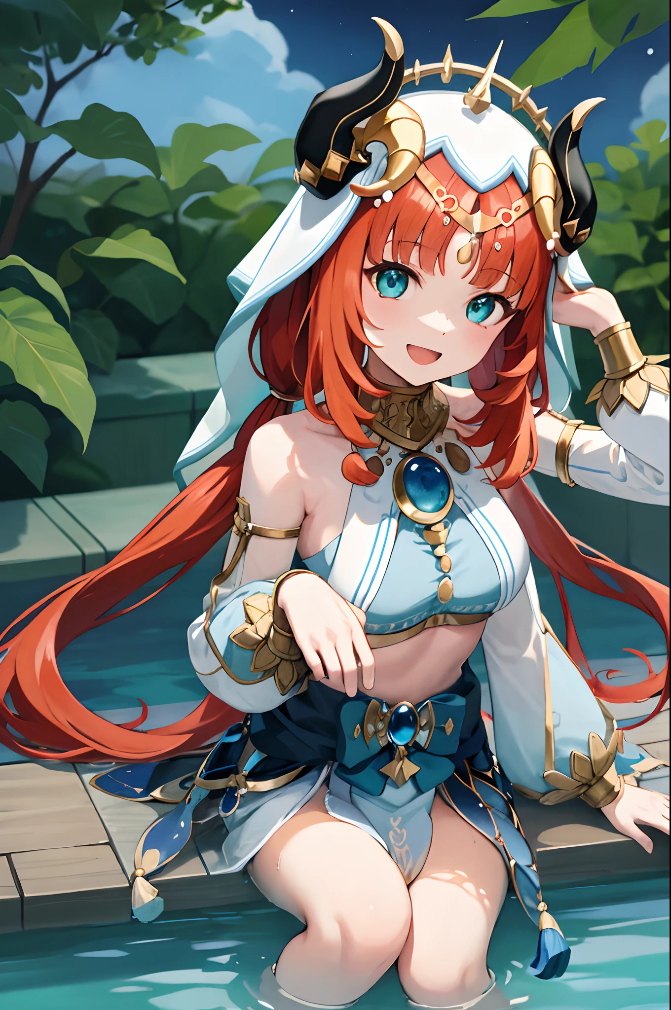 masterpiece, best quality, absurdres, nilou (neither flower nor mist) (genshin impact), aqua eyes, nilou (genshin impact), fake horns, 1girl, solo, red hair, veil, smile, long hair, crop top, jewelry, horns, night, bracer, brooch, long sleeves, puffy long sleeves, looking at viewer, skirt, bangs, twintails, water, puffy sleeves, sky, neck ring, open mouth, :d, flower, harem outfit, gold trim, parted bangs, arm up, breasts, circlet, outdoors, blue skirt, hair ornament, detached sleeves, low twintails, floating hair, gem, hair flower, blue gemstone, masterpiece, highres, best quality, 1girl solo, kamisato_ayaka, sitting, from above, looking at viewer, light smile, wading, wet hair, night, poolside, japanese onsen