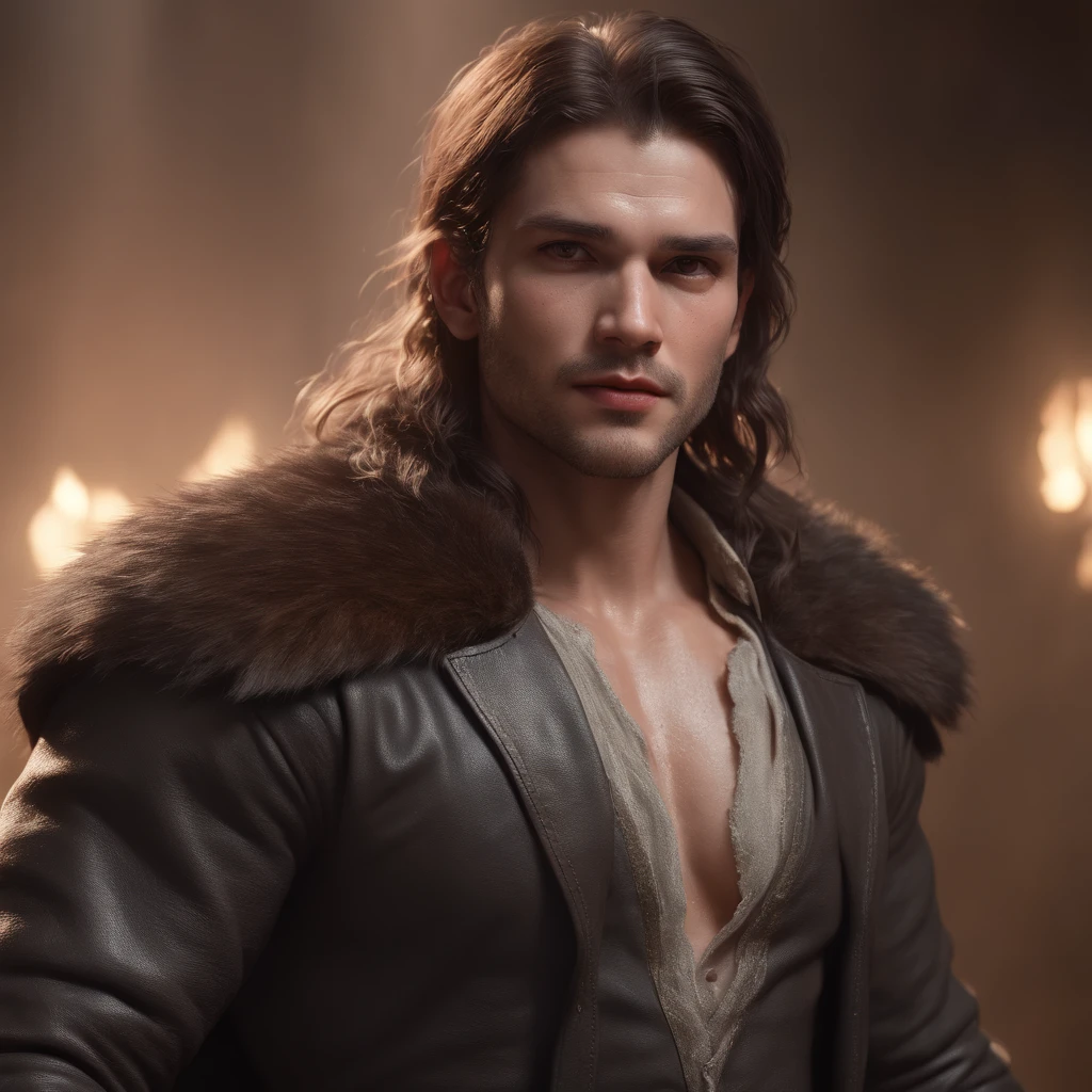 (professional 3d render:1.3) af (Realistic:1.3) most beautiful artwork photo in the world,Features soft and shiny male heroes, ((Epic hero fantasy muscle man rough wet hero angry looking long hair short beard and ferocious expression in dynamic pose, Fantastic location, Majestic cluttered environment)), Full body 8K unified rendering, action shot, skin pore, very dark lighting, heavyshading, Detailed, Detailed face, (vibrant, photograph realistic, Realistic, Dramatic, Dark, Sharp focus, 8K), (Old leather garments damaged by weathering:1.4), ((((Wear fur)))), (Intricate:1.4), decadent, (Highly detailed:1.4), Digital painting, rendering by octane, art stations, concept-art, smooth, Sharp focus, illustration, Art germ, (loish:0.23), wlop ilya kuvshinov, and greg rutkowski and alphonse mucha gracias, (Global illumination, Studio light, volumettic light), heavy rain, particles floating, lotr, fantasy, elf, full bodyesbian, ((Dark and ancient city background:1.3)),CGSesociety,art stations