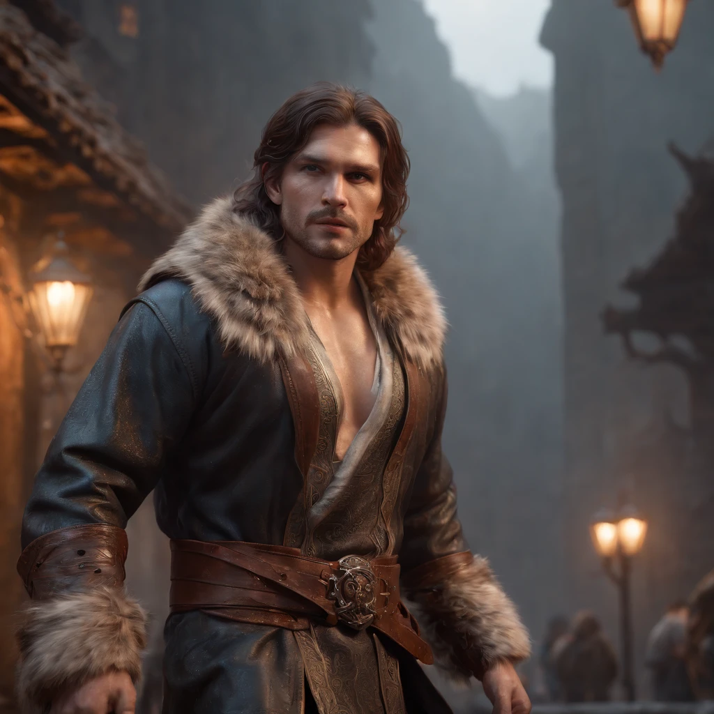 (professional 3d render:1.3) af (Realistic:1.3) most beautiful artwork photo in the world,Features soft and shiny male heroes, ((Epic hero fantasy muscle man rough wet hero angry looking long hair short beard and ferocious expression in dynamic pose, Fantastic location, Majestic cluttered environment)), Full body 8K unified rendering, action shot, skin pore, very dark lighting, heavyshading, Detailed, Detailed face, (vibrant, photograph realistic, Realistic, Dramatic, Dark, Sharp focus, 8K), (Old leather garments damaged by weathering:1.4), ((((Wear fur)))), (Intricate:1.4), decadent, (Highly detailed:1.4), Digital painting, rendering by octane, art stations, concept-art, smooth, Sharp focus, illustration, Art germ, (loish:0.23), wlop ilya kuvshinov, and greg rutkowski and alphonse mucha gracias, (Global illumination, Studio light, volumettic light), heavy rain, particles floating, lotr, fantasy, elf, full bodyesbian, ((Dark and ancient city background:1.3)),CGSesociety,art stations