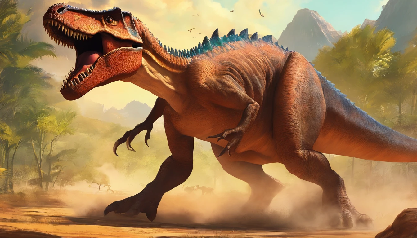 una feroz batalla entre un T-Rex y un triceratops, (La mejor calidad, 4k, Altas Resoluciones, Ultra detallado), Lucha intensa, rugidos y trompetas, Dusty prehistoric landscape, Sombras realistas, vivid colors, (Detallado, intrincado, elaborar) Escamas y texturas de dinosaurios, Dynamic Moves, (feroz, determinado) Expresiones en las caras de dinosaurios, (poderoso, muscular) Cuerpos, dientes afilados y cuernos, (big size ass, imponente) Size, (dramatic, dynamic) luci, (poderoso, energetic) Plantea, (tension, anticipation) En el aire,1 versus 1,sangre,cazando,defendiendose,lucha de vida o muerte