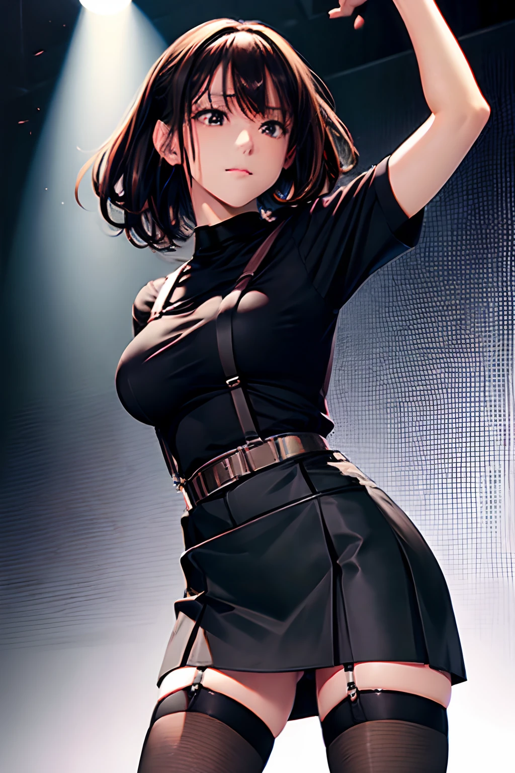 Black skirt, suspenders, Brown hair Gray eyes, Garter belt on the legs, Tight black clothes, a belt Armpit sweat Dark look Moderately breasts holster chain poneyTail Water wetting