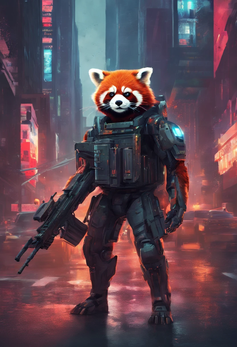 huge sci fi robot red pandas with guns in new york city