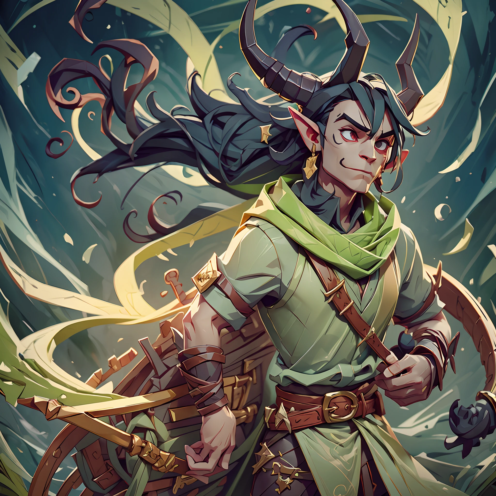 Tiefling, wearing a Bard's Tunic, colors are primarily light green with black undershirt and red belt and scarf, masterpiece, best quality