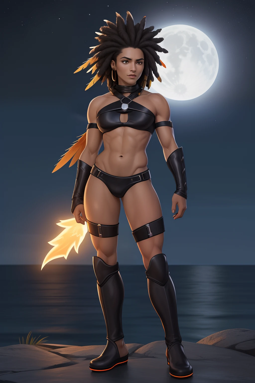 Create an image of a black ninja after an apocalypse in the future, afro cabelo caindo para frente, Rasta type but braided,  corpo inteiro,  vestindo um traje indiano ribulo africano corpo inteiro, A realistic 4K phoenix with blue orange feathers, dourado, cosmico , with a serious expression and looking forward, corpo inteiro .Olhos firmes, olhando para frente, Lightning in the sky, arms extended, olhando para frente, parado no topo de uma montanha, manto e capa vermelhos, cruz brilhante no ar arte de luz neon, No escuro da noite, Um navio alto navega pelos mares iluminados pela lua, nuvem, lua, Estrelas, colorido, circunstanciado, 4k ((Estilo Art Vista de Corpo Inteiro, plano completo, vista frontal, Vista lateral, vista traseira, de personagem, Multiple views and poses, various points of view, um personagem, corpo inteiro, personagem com menos, estilo de roupa, no mesmo Estilo de cabelo, less Type of footwear, forte )):: ((whole body view, plano completo, vista frontal, vista traseira, design de personagem, Multiple views and poses, various points of view, de um personagem, corpo inteiro,, personagem com menos, estilo de roupa, no mesmo Estilo de cabelo, less Type of footwear))