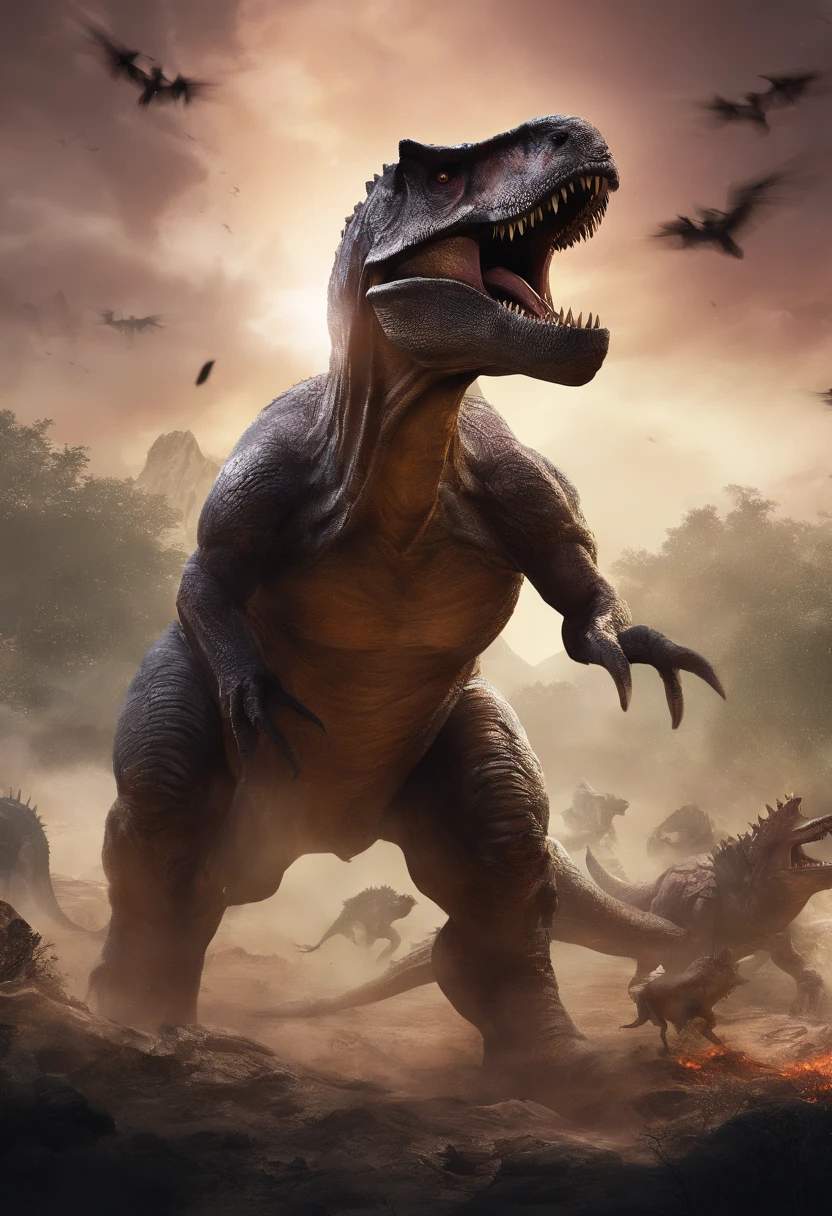 una feroz batalla entre un T-Rex y un triceratops, (La mejor calidad, 4k, Altas Resoluciones, Ultra detallado), Lucha intensa, rugidos y trompetas, Dusty prehistoric landscape, Sombras realistas, vivid colors, (Detallado, intrincado, elaborar) Escamas y texturas de dinosaurios, Dynamic Moves, (feroz, determinado) Expresiones en las caras de dinosaurios, (poderoso, muscular) Cuerpos, dientes afilados y cuernos, (big size ass, imponente) Size, (dramatic, dynamic) luci, (poderoso, energetic) Plantea, (tension, anticipation) En el aire,1 versus 1,sangre,cazando,defendiendose,lucha de vida o muerte