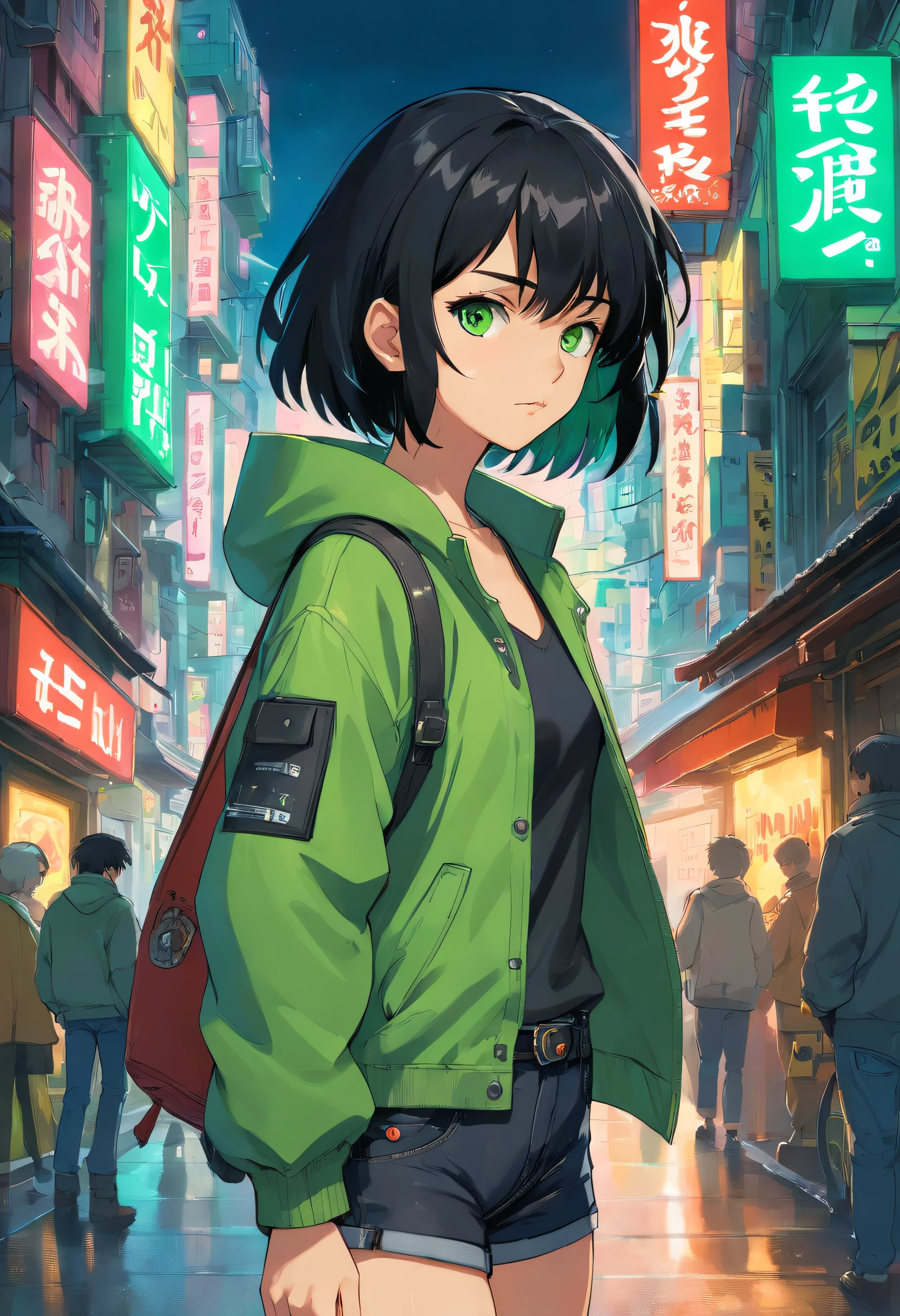 1girl in, (masutepiece), Black hair, Short hair, Green eyes, green coat, Black Short Jeans, Cyberpunk City,