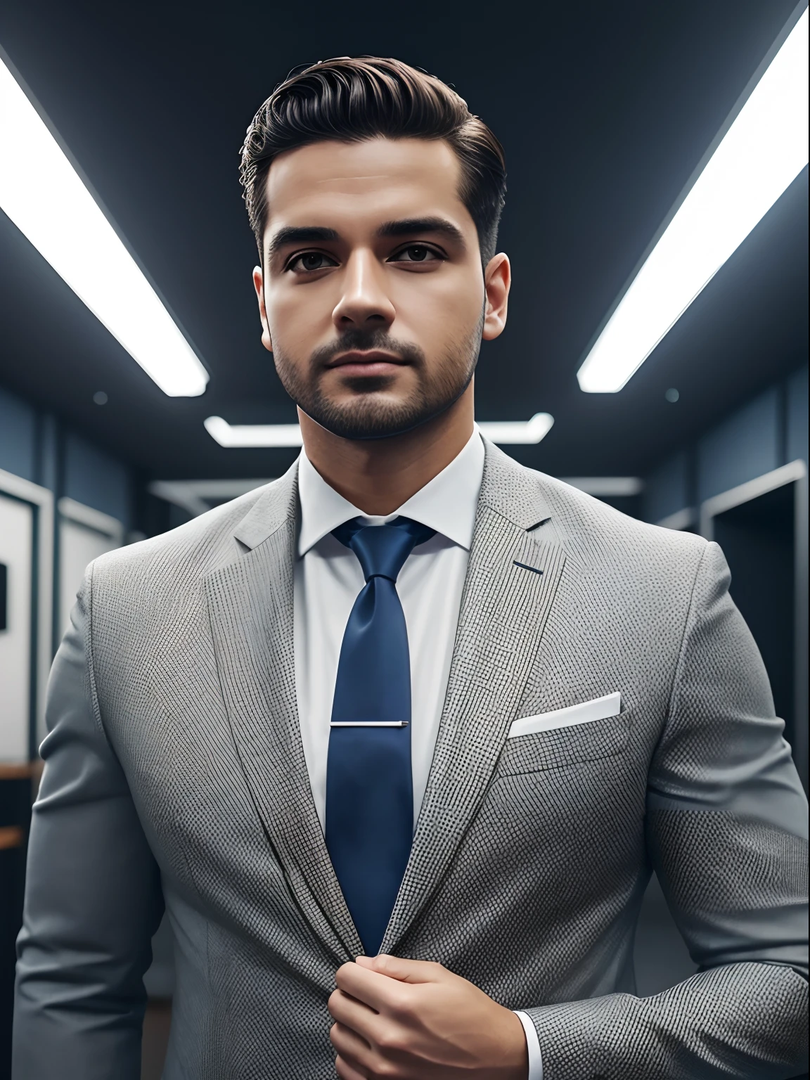 um Homem, plus size, standing with 30 years in suit and tie, Body and straight head in the photo, de frente para o espectador da foto, olhos fitos para a lente, Appears shoulders and head in the photo, homem centralizado na foto, 8k, melhor qualidade, obra prima, realista, foto realista, foto de cinema, ultra realista, 1 pessoa, detalhado, perfect  lighting, DSRL, foto profissional, 4k
